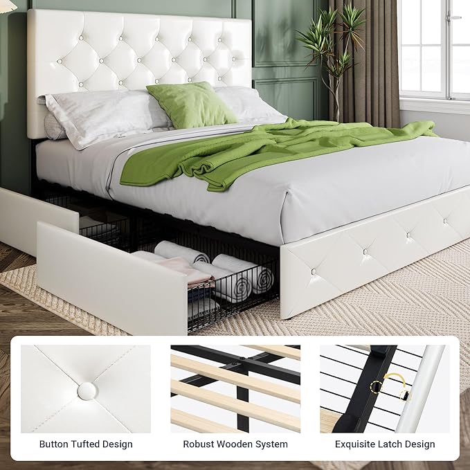Allewie Upholstered Queen Size Platform Bed Frame with 4 Storage Drawers and Headboard, Diamond Stitched Button Tufted, Mattress Foundation with Wooden Slats Support, No Box Spring Needed, White