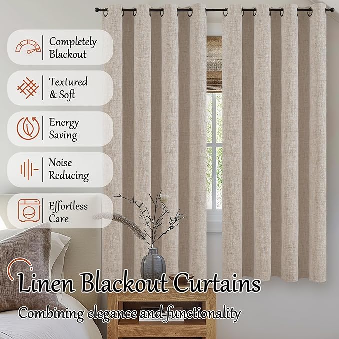 60 Inch Wide Linen Blackout Curtains for Bedroom 63 Inch Length 2 Panels, Total Black Out Thermal Insulated Energy Efficiency Grommet Boho Window Drapes White Liner for Modern Farmhouse, Beige