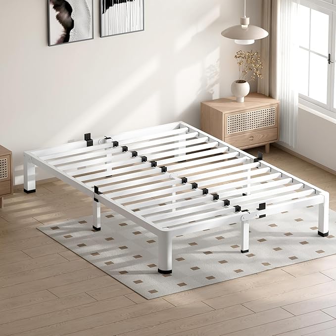 7 Inch White Queen Bed Frame, 3500Lbs Heavy Duty Metal Platform with Round Corner Legs Mattress Slide Stopper, Steel Slat Support No Box Spring Needed, Noise Free, Non-Slip, Easy Assembly