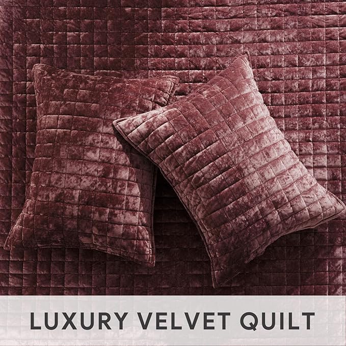 RECYCO Luxury Velvet Quilt Set Full Queen Size Bedding Sets, Ultra Soft Velvet Comforter Set, Lightweight Channel Box Stitch Oversized Bedspread Coverlet for All Season, with 2 Shams, Plum