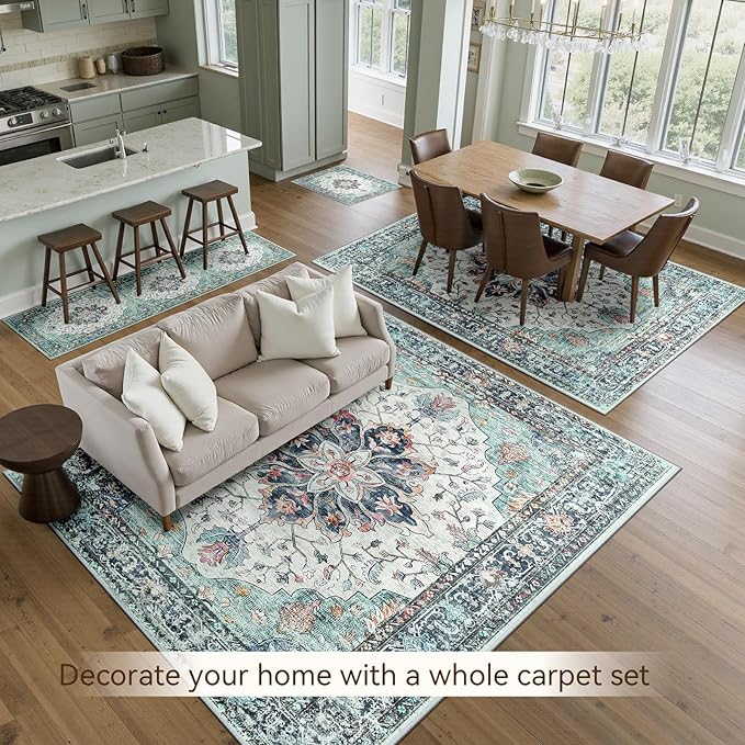 Area Rugs Square 8ft Washable Non-Slip, Floral Vintage Distress Print Pattern Medallion Carpet for Living Room Bedroom Dining Room, Green Navy Blue White Red Teal Colorful