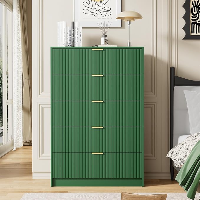 Green Dresser for Bedroom, Modern Dresser with 5 Drawers and Smooth Slides, Wide Chest of Drawers with Golden Handles for Bedroom, Living Room, Closet, 15.7" D x 31.5" W x 47.2" H