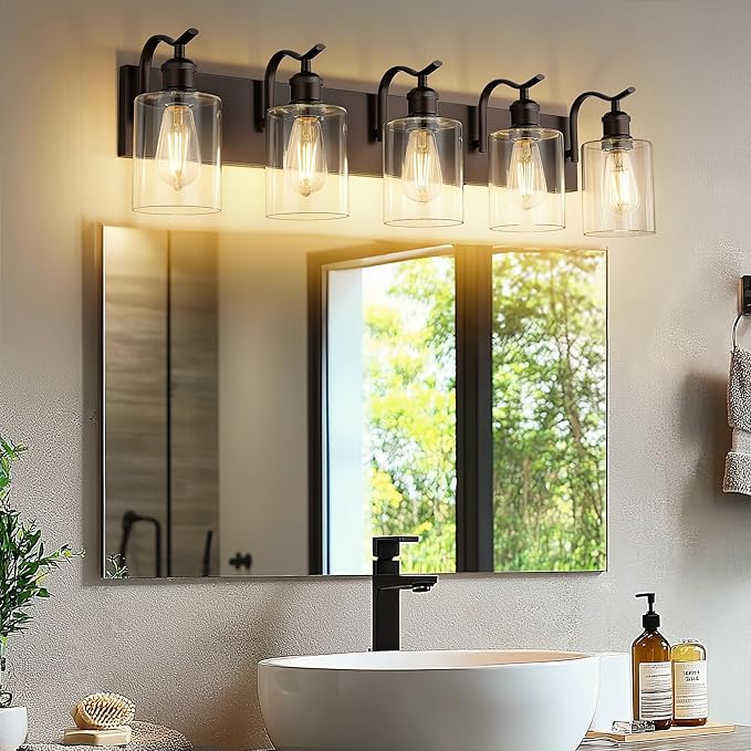 5 Light Bathroom Vanity Light, Morden Bath Lights Over Mirror Oil Rubbed Bronze Bathroom Sconce Lights with Clear Glass Shade ZCVL01ORB-5