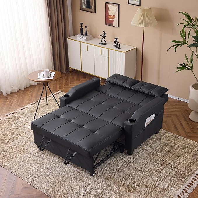 VINGLI Black Futon Sofa Bed Convertible Loveseat Sleeper Couch, Faux Leather Pullout Sofa Fold Out Couch Bed with USB Ports, Cup Holders, Armrest for Living Room, Bedroom Apartment Room