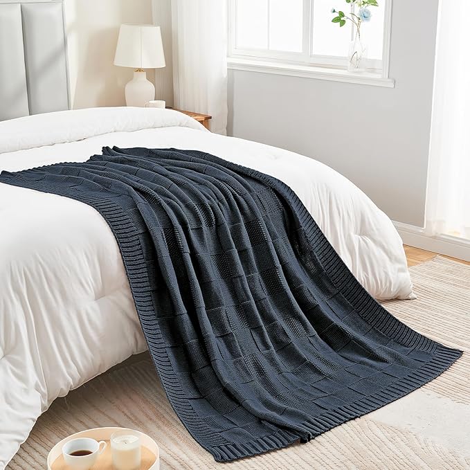 CozeCube Check Knit Throw Blanket, Midnight Navy Checkered Throw for Couch, Decorative Christmas Soft Cozy Warm Knitted Blanket for Bed Sofa Living Room, 50"X60"