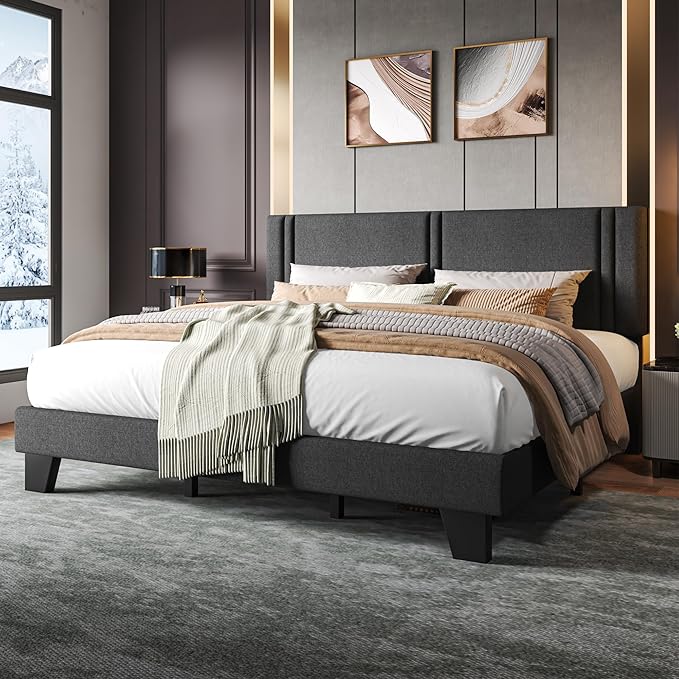 Upholstered King Size Bed Frame with Linen Fabric Headboard, Strong Wooden Slats Support, Noise Free, No Box Spring Needed, Dark Grey