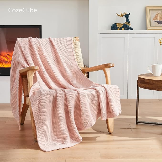 CozeCube Pink Throw Blanket for Couch, Soft Cozy Cable Knit Throw for Bed Sofa Living Room, Lightweight Warm Decorative Farmhouse Christmas Blanket, 50"x60", Pink