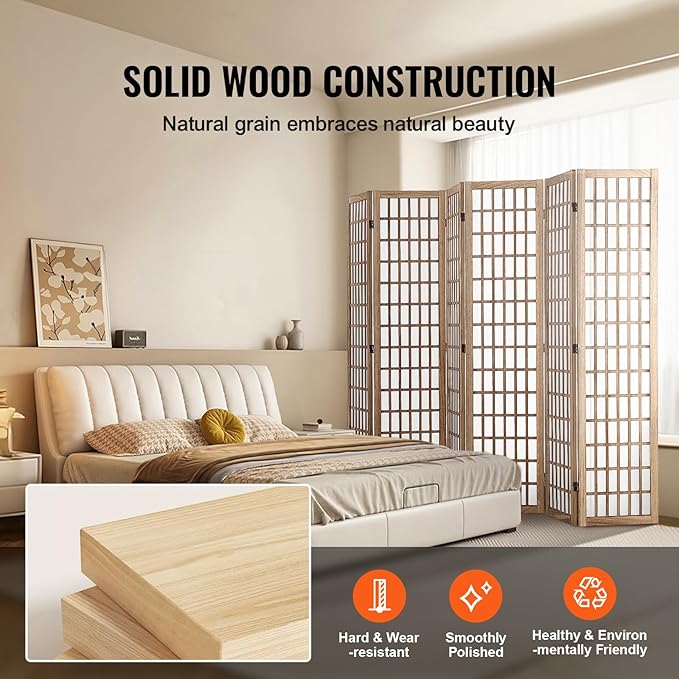 VEVOR Room Divider, 6 Panel Japanese Room Divider, Wood Folding Privacy Screen Indoor, Partition Dividers Portable Decoration Screens, for Room Separation Home Office Restaurant & Bedroom(Natural)