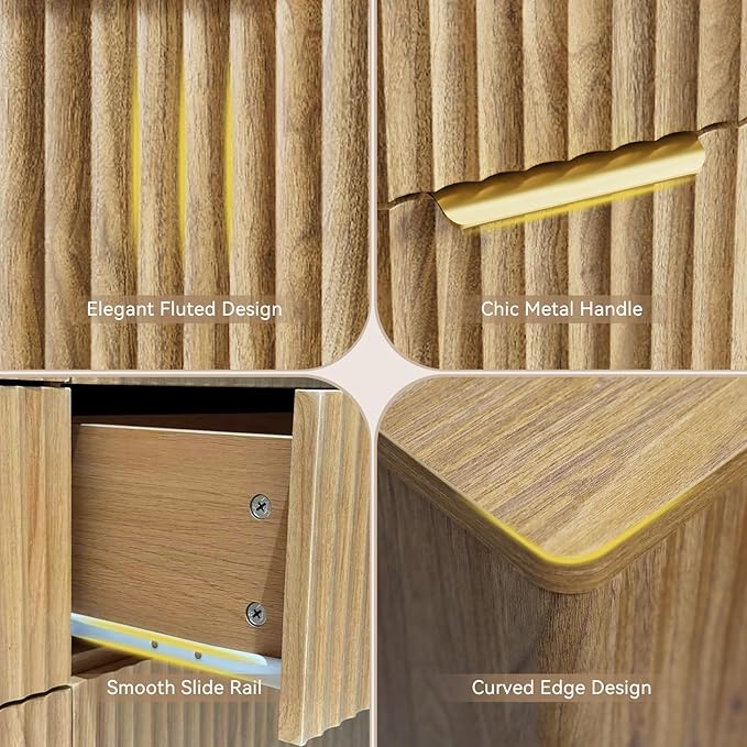 CARPETNAL Fluted 8 Drawer Dresser for Bedroom, 55" Wide Wooden Chest of Drawers with Rounded Corners, Gold Handles, Modern Storage Organizer for Bedroom, Hallway(Oak)