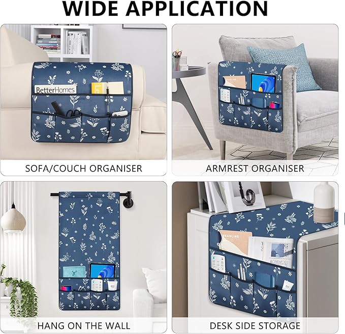 Remote Control Holder for Armchair，Couch Caddy Organizer TV Remote Holder for Bed Storage 5 Pockets，Remote Caddy Bedside Organizer Bedside Table Organizer (Blue, 35''x18'')