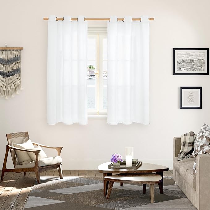 YoungsTex Linen Semi Sheer Curtains 54 Inch Length for Short Window, White Drapes with Bronze Grommet Light Filtering for Bathroom Bedroom Kitchen, 42 X 54 Inch, 2 Panels