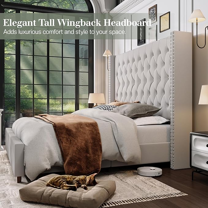 Jocisland California King Bed Frame with 61.4" Tall Wingback Headboard, Velvet Upholstered Platform Bed, Handcrafted Pleats& Deep Button Tufted, Solid Wood Legs, No Box Spring Required, Cream