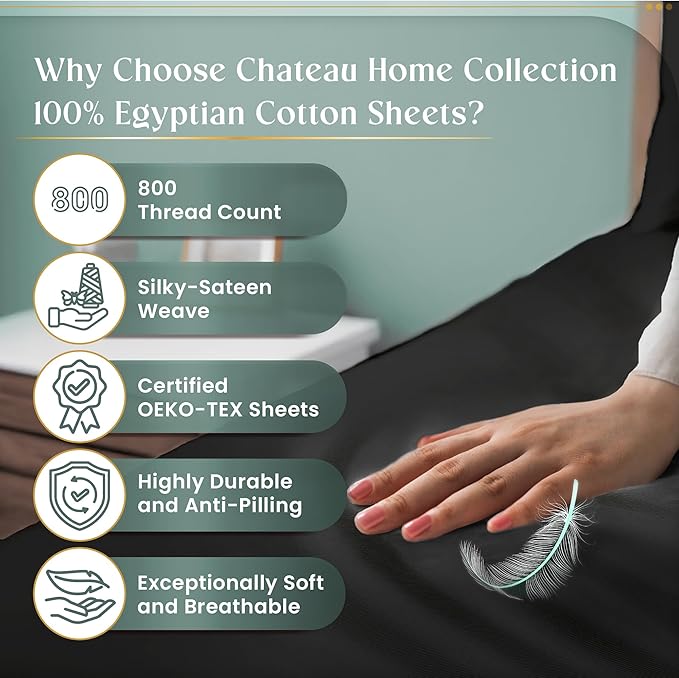 100% Cotton Sheets King Size Sheets Set with Fitted Sheet & Pillowcase Sets, 800 Thread Count Sateen Weave 4 piece Deep Pocket King Sheet Set, Soft & Comfy Naturally Cool Luxury Bedding- Charcoal