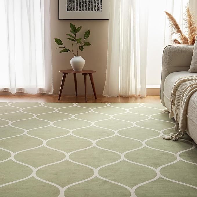 Amazon Basics Thin Indoor Area Rug, Geometric Printed Washable Home Decor Carpet for Living Room Bedroom, 6' W × 9' L, Green Geometric