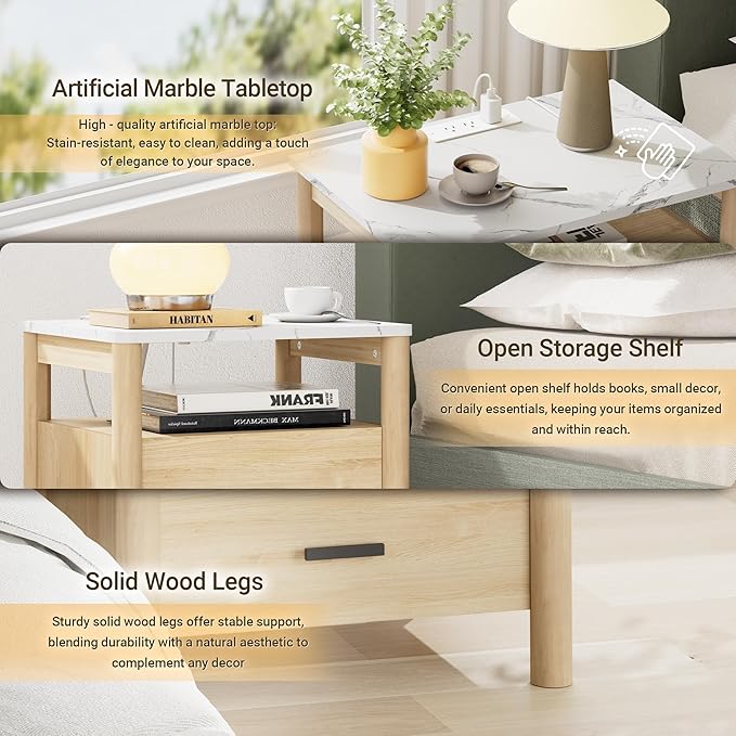 FavourLife Night Stand, 20" Wide Nightstand, Modern Large Nightstand with Charging Station & Faux Marble Top, 2 Drawer End Table with Solid Round Post Legs, Bedside Table for Bedroom, Natural Oak