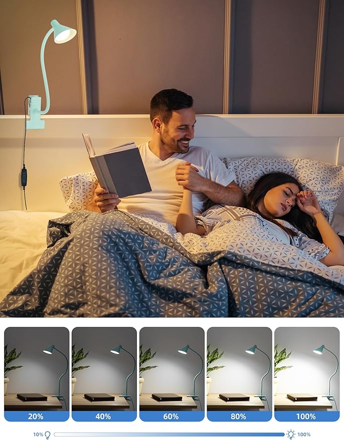 Clip on Light USB Reading Light, Eye Care Dimmable Reading Lamp Flexible Gooseneck Clip on Lamp for Bed Headboard Desk Bedside Dorm - Teal