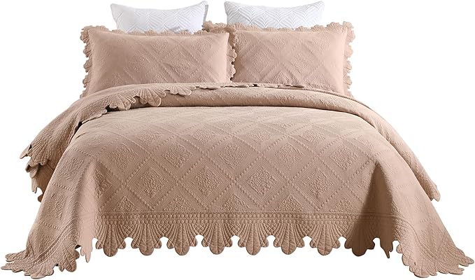 MarCielo 3-Piece 100% Cotton Oversized Bedspread Lightweight Quilt Coverlet Embroidery Farmhouse Bedding Set (TK Pale Taupe Camel, Oversized King (118"x106"))