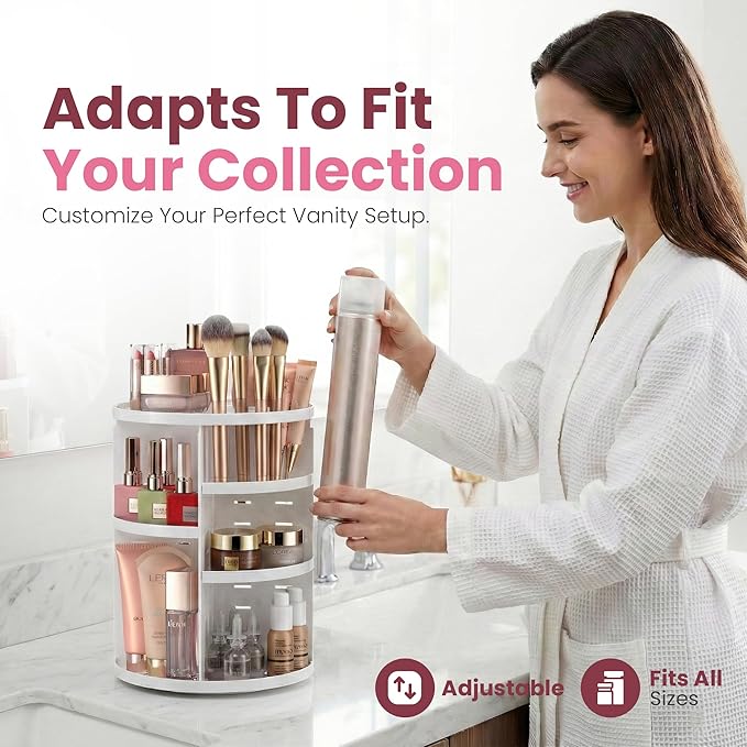Masirs 360 Rotating Makeup Organizer - Adjustable Shelf Height and Fully Rotatable. The Perfect Cosmetic Organizer for Bedroom Dresser or Vanity Countertop. (White)