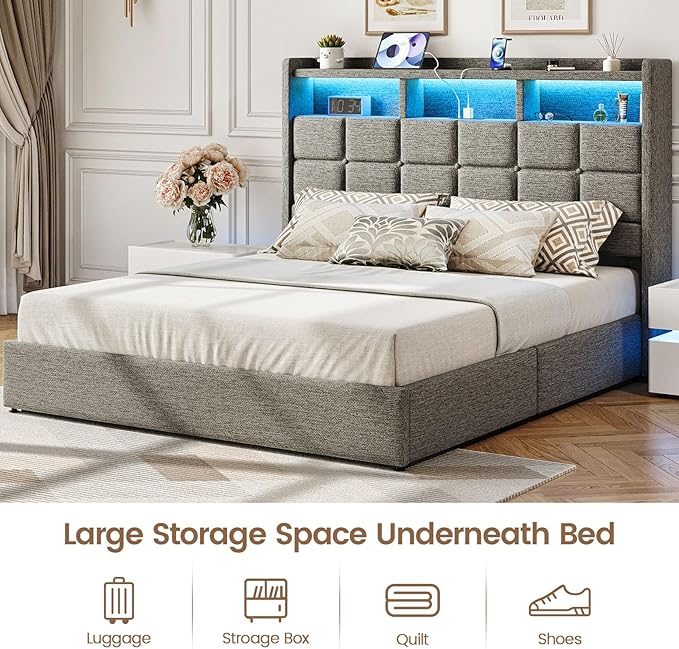 Lift Up Queen Bed Frame with Storage, Upholstered Bed Frame Queen Size with LED Lights Headboard and Charging Station, No Box Spring Needed, Easy Assembly - Light Grey