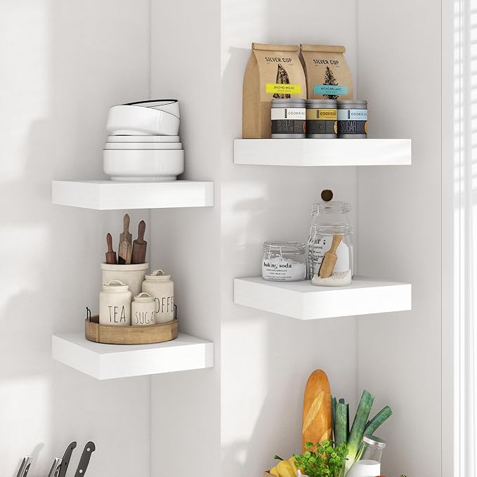 Axeman Square Floating Shelves for Wall, 8" W x 8" D x 1.4" H Rustic Wooden Shelves, 4 Pack Wall Mounted Floating Shelf with Invisible Brackets for Living Room, Bathroom, Kitchen, White Color