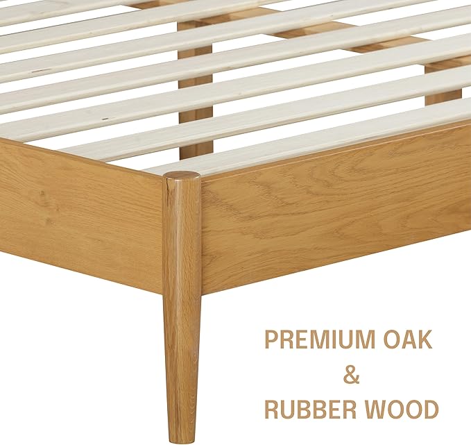NTC Lupin Wooden Bed Frame with Headboard and Natural Rattan, Solid Oak/Rubber Wood Foundation with Silent Slats, 1000 Lb Capacity, Effortless Assembly (Natural Cane - Rustic Oak, Queen)