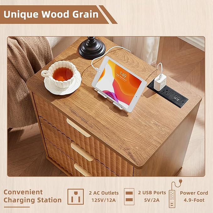 LEYAOYAO 48" Wide Fluted Dresser and 3 Drawers 23" Nightstand Set of 2, Wooden Dresser & Night Stand with Charging Station, 3 Piece Bedroom Furniture Set, Wood Chest of Drawer for Living Room,Brown