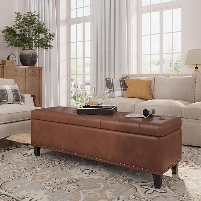 Storage Ottoman Bench,51-Inch Large Storage Bench for Bedroom End of Bed, 30 Gallons Faux Leather Ottoman with Storage for Bedroom, Living Room, Entryway, Hallway,Brown