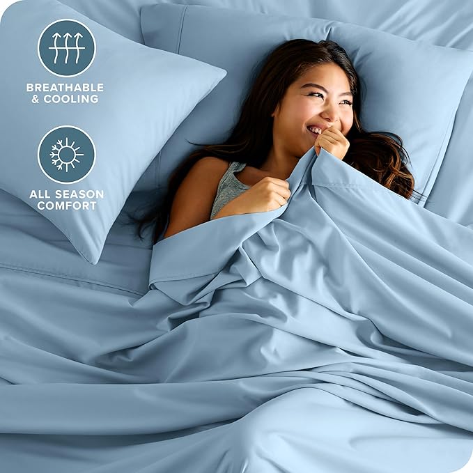 Bare Home Hotel Luxury Queen Sheet Set, Extra Soft - 6 Piece Set - Deep Pockets - Easy Fit - Cooling & Breathable - Wrinkle, Fade, Stain Resistant - Includes 4 Pillowcases (Queen, Light Blue)