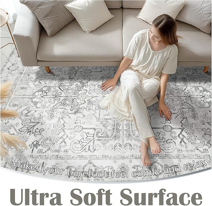 jinchan Lima 6x9 Area Rug for Living Room Washable Soft Throw Rug Ultra-Thin Stain Resistant Non-Slip Distressed Vintage Floral Large Carpet for Bedroom Dining Room Home Office Nursery (6x9ft, Grey)