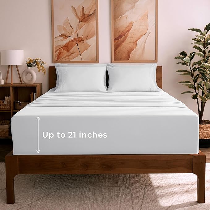 Mellanni Queen Sheet Set - 6-Piece Iconic Collection Bedding, (Including 4 Pillowcases), 21-Inch Extra Deep Pocket, Easy Care, Ultra Soft, Cooling Sheets, Brushed Microfiber - White