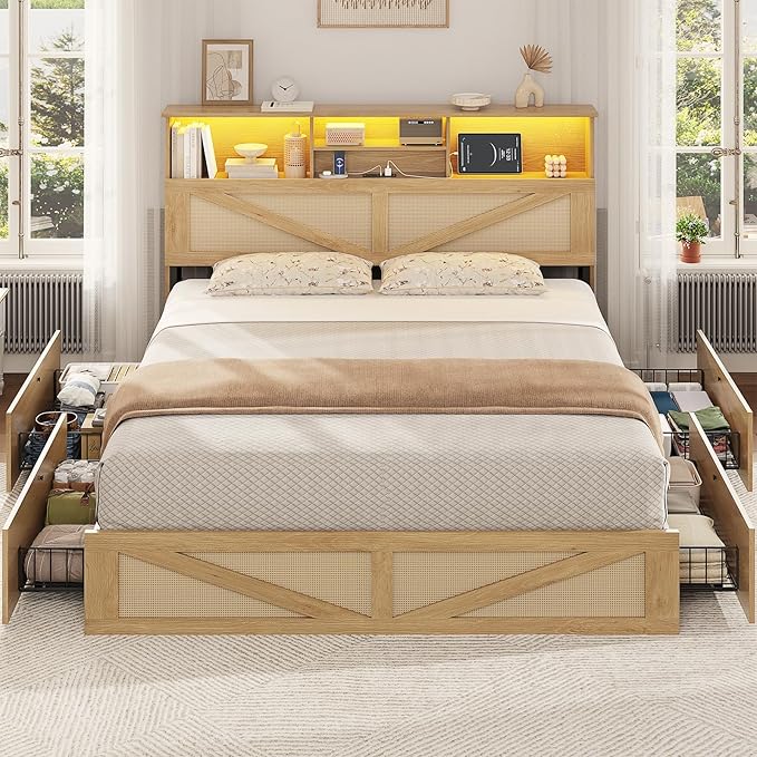 VIAGDO Rattan Bed Frame Queen Size with Bookcase Storage Headboard, Charging Station and LED Lights, Wooden Queen Bed Frame with 4 Drawers, Barn Door Design, No Box Spring Needed, No Noise, Natural