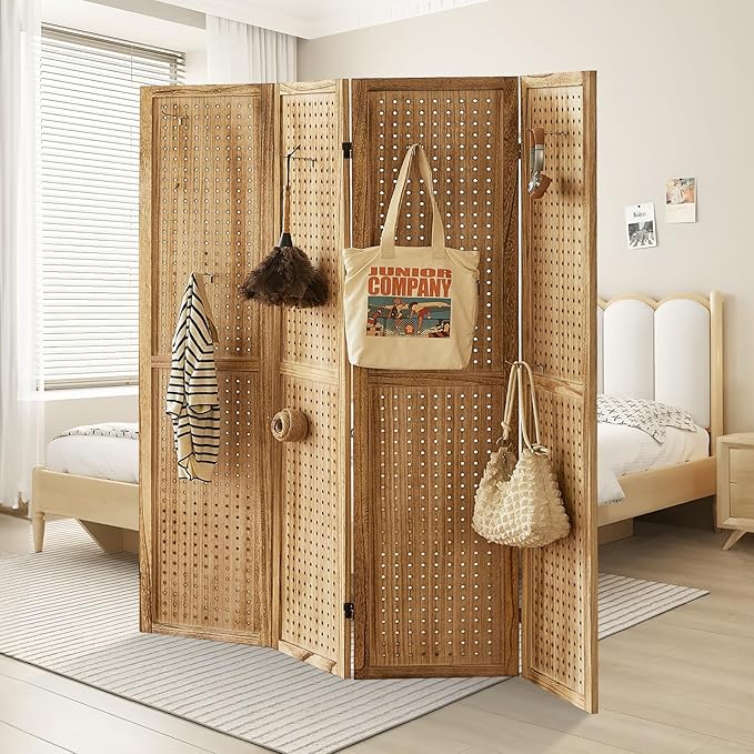 4 Panel Pegboard Display with 16 Hooks, Wooden Room Divider Wall and Folding Privacy Screens, Partition Room dividers, Pegboard Room Divider, Jewelry Store, Bedroom, Balcony, Light Brown