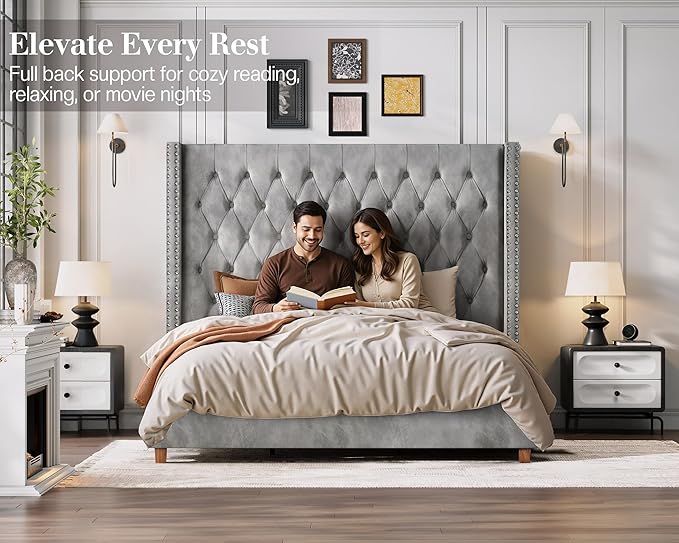 Jocisland Queen Size Bed Frame with 61.4" Tall Headboard, Velvet Upholstered Wingback Platform Design, Handcrafted Pleats& Deep Button Tufted, Solid Wood Legs, No Box Spring Needed, Gray