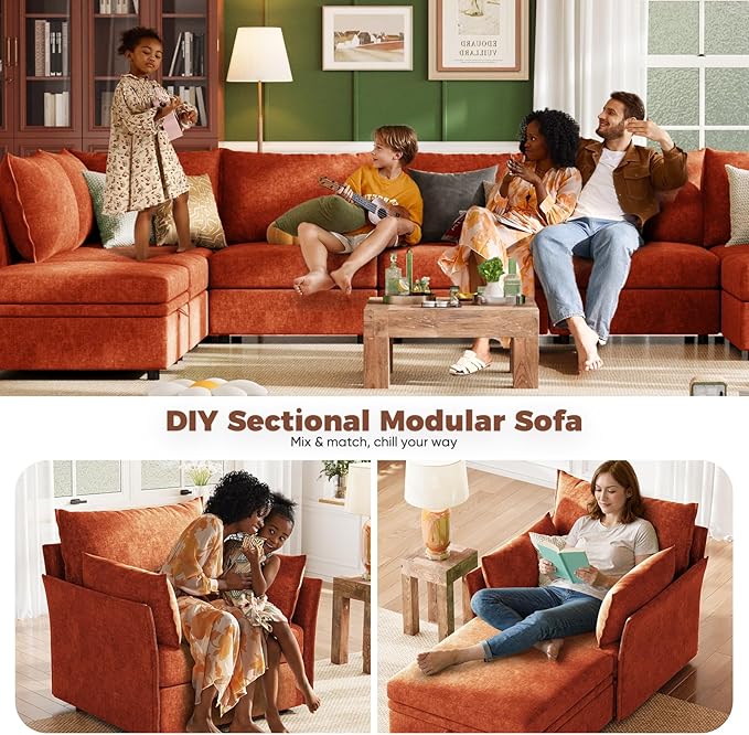 ABCASA Oversized Loveseat Sofa, Modern Modular Sectional Couch Terracotta Orange Fluffy Chenille Mid Century 2-Seat 24.5" Deep Seat for Apartment, Living Room, Bedroom