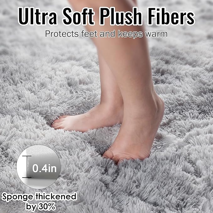 PAGISOFE Abstract Shaggy Machine Washable Area Rug 4' x 6' Plush Soft Fluffy Fuzzy Furry Carpet for Living Room, Home Decor Aesthetic Tie-Dyed Light Grey Bedside Rugs, Nursery Grils Boys Kids Room