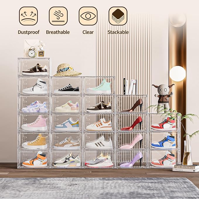 6 Pack XX Large Shoe Organizer, Heavy-Duty Hard Thicken Plastic Clear Stackable Shoe Storage Box Organizer for Closet, Space-Saving Shoe Rack Display Case Bin Containers for Sneakers, Clear