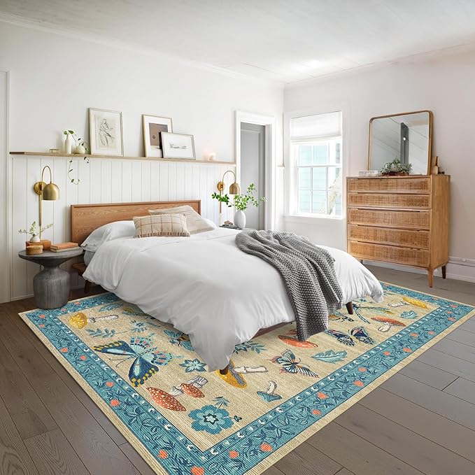 Mushroom Insect 8x10 Area Rugs, Washable Rugs for Living Room Non Slip Stain Resistant Low Pile Modern Butterfly Carpet for Bedroom Dining Room Nursery Playroom Office, Khaki Blue
