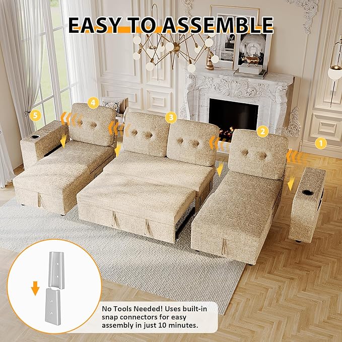 117" Sleeper Sofa Bed, U-Shaped Sofa with Dual Reversible Storage Chaise | Adjustable Backrest | Wide Armrest, Sectional Couches for Living Room, 4 in 1 Pull Out Couch Bed, Khaki Chenille