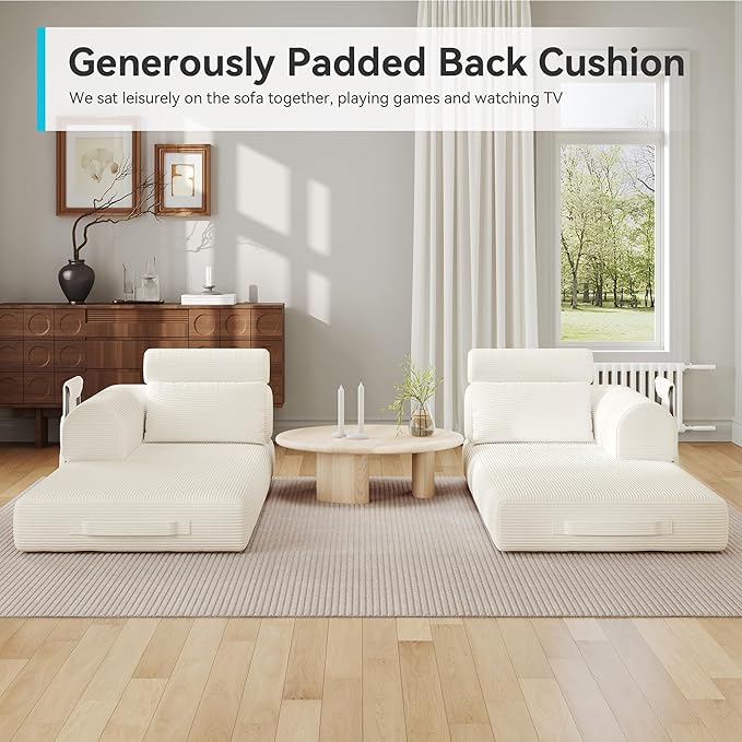 Upgrade High Backrest Design Sofa Bed with Fixed-Shape Frame & Removable Armrests and Backrest, 2 Corduroy Pillow, Convertible Mattress Couch for Small Spaces - No Assembly (High Backrest Beige)