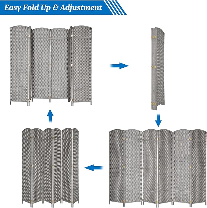 VINGLI 6-Panels Tall Rattan Room Divider, 6 FT Folding Privacy Screen, Indoor Partition Wall Dividers, Freestanding Hinged Space Separator (Grey)