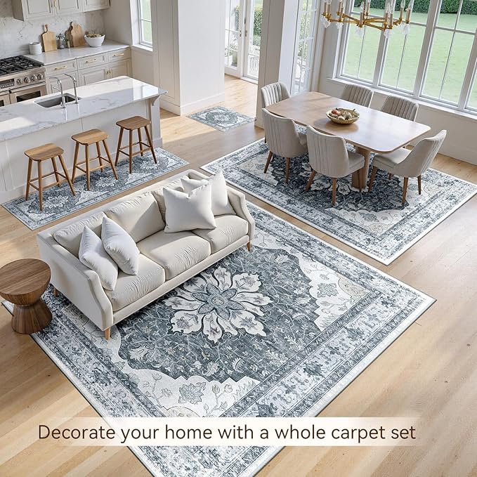 Area Rugs Square 8ft Washable Non-Slip, Floral Vintage Distress Print Pattern Medallion Carpet for Living Room Bedroom Dining Room, Light Gray Grey White