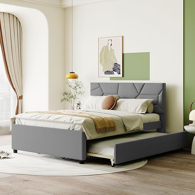 Full Size Bed Frame with Twin Size Trundle,Linen Upholstered Platform Bed Frame Full with Brick Pattern Headboard,Wood Slat Support Included,No Box Spring Needed,Easy Assembly,Gray