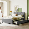 Full Size Bed Frame with Twin Size Trundle,Linen Upholstered Platform Bed Frame Full with Brick Pattern Headboard,Wood Slat Support Included,No Box Spring Needed,Easy Assembly,Gray