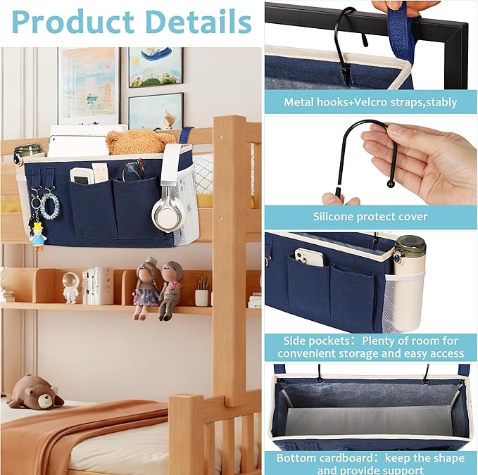 Loghot Bedside Caddy/Bedside Storage Bag Hanging Organizer for Bunk and Hospital Beds,Dorm Rooms Bed Rails,Can be Placed Glasses,Books,Mobile Phones,Keys (Navy Blue)