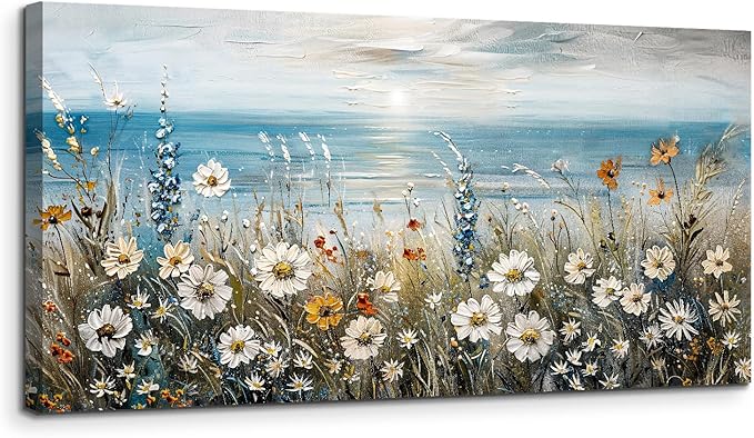 SERIMINO Large Wall Art for Living Room, Coastal Landscape Wall Decor, Beach Daisy Canvas Prints Farmhouse Decor, Wildflowers Bathroom Pictures Home Decor Aesthetic, Dining Room Kitchen Artwork 29"X57"