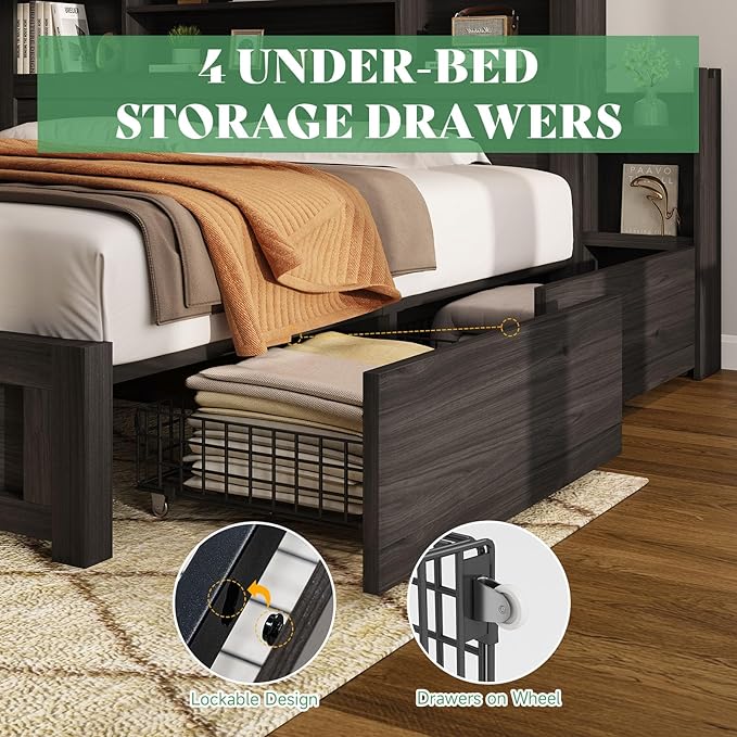 AMERLIFE Queen Bed Frame with 4 Storage Drawers, LED Bed Frame with 49.6" Tall Bookcase Headboard, Wood Platform Bed with Charging Station & 2 Slide Bedside Shelf, No Box Spring Needed/Black