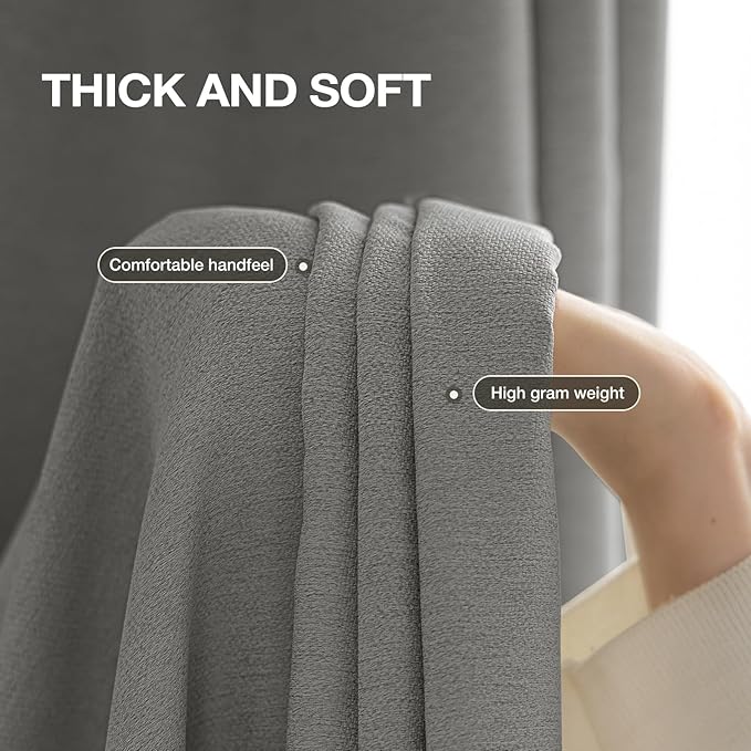 100% Blackout Curtains 102 inch Length 2 Panels for Living Room, Linen-Look Textured Room Darkening Thermal Insulated Noise Reduction Farmhouse Drapes for Bedroom (W52xL102, Grey)