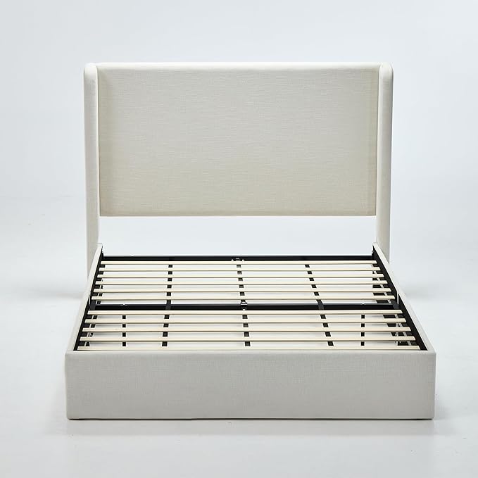 Queen Size Upholstered Bed Frame, Harper 54" Tall Headboard Platform Beds, Wingback Headboard Bedframes/No Box Spring Needed/Easy Assembly/Elegant Simplicit, Textured Ivory Canvas Chenille