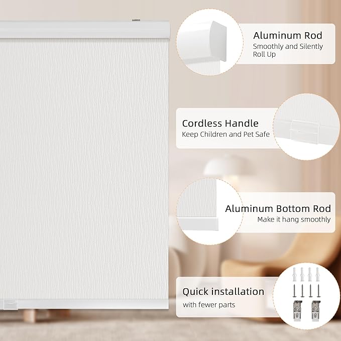 ChrisDowa Cordless Blackout Roller Shades for Windows, Striped Free-Stop Window Blinds with Privacy, Thermal Insulated Window Shades for Home, Office and Door. White, 60" W x 72" H
