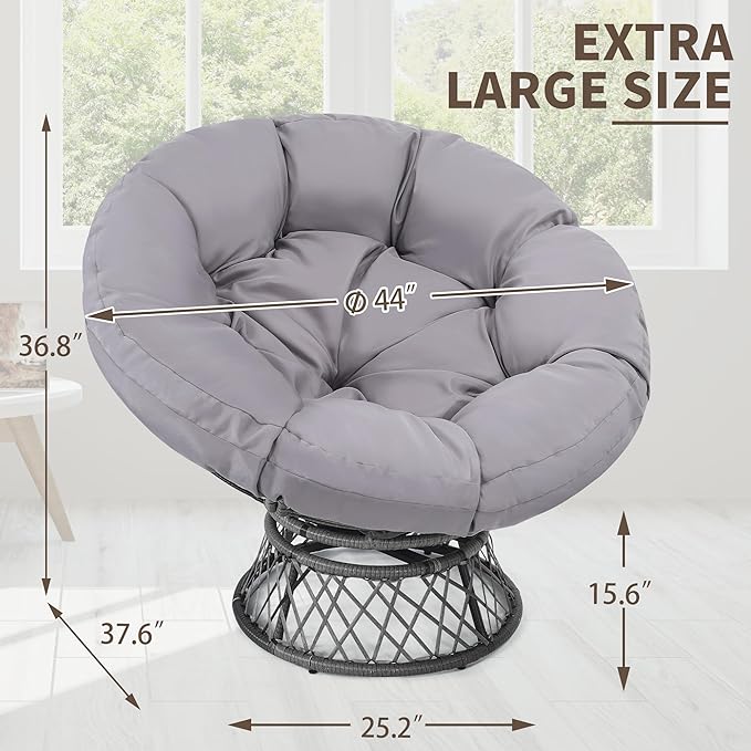 46" Giant Oversized Rattan Papasan Chair with Cushion and Frame for Adults, Fluid 360° Swivel, Waterproof, Grey Frame with Light Grey Cushion